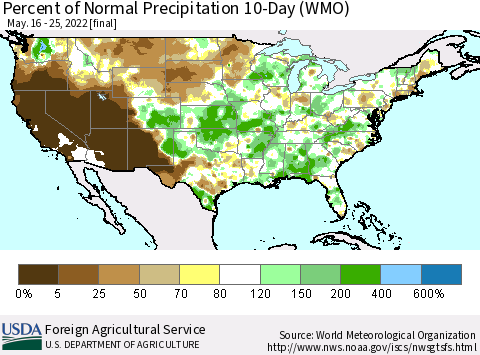 United States Percent of Normal Precipitation 10-Day (WMO) Thematic Map For 5/16/2022 - 5/25/2022