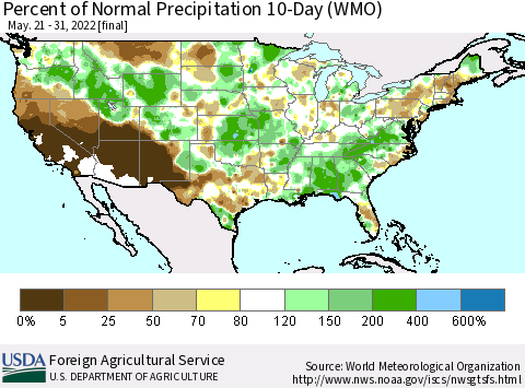 United States Percent of Normal Precipitation 10-Day (WMO) Thematic Map For 5/21/2022 - 5/31/2022