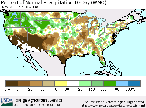 United States Percent of Normal Precipitation 10-Day (WMO) Thematic Map For 5/26/2022 - 6/5/2022