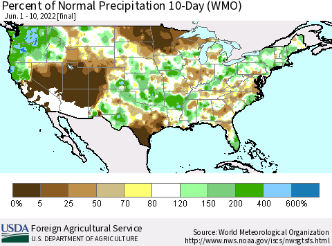 United States Percent of Normal Precipitation 10-Day (WMO) Thematic Map For 6/1/2022 - 6/10/2022