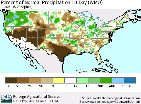 United States Percent of Normal Precipitation 10-Day (WMO) Thematic Map For 6/6/2022 - 6/15/2022