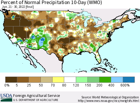 United States Percent of Normal Precipitation 10-Day (WMO) Thematic Map For 6/21/2022 - 6/30/2022