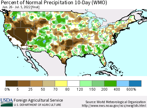 United States Percent of Normal Precipitation 10-Day (WMO) Thematic Map For 6/26/2022 - 7/5/2022