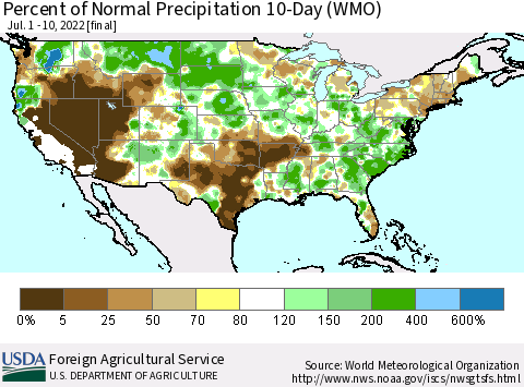 United States Percent of Normal Precipitation 10-Day (WMO) Thematic Map For 7/1/2022 - 7/10/2022
