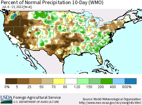 United States Percent of Normal Precipitation 10-Day (WMO) Thematic Map For 7/6/2022 - 7/15/2022
