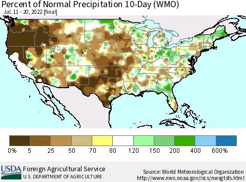United States Percent of Normal Precipitation 10-Day (WMO) Thematic Map For 7/11/2022 - 7/20/2022