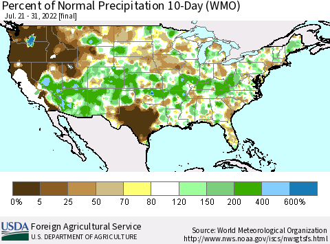 United States Percent of Normal Precipitation 10-Day (WMO) Thematic Map For 7/21/2022 - 7/31/2022