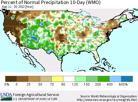 United States Percent of Normal Precipitation 10-Day (WMO) Thematic Map For 8/11/2022 - 8/20/2022
