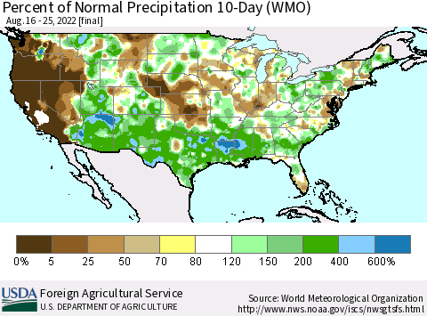 United States Percent of Normal Precipitation 10-Day (WMO) Thematic Map For 8/16/2022 - 8/25/2022