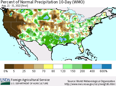 United States Percent of Normal Precipitation 10-Day (WMO) Thematic Map For 8/21/2022 - 8/31/2022