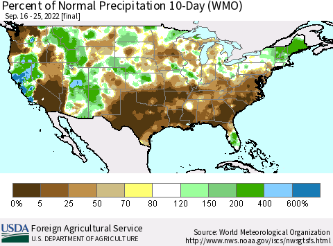 United States Percent of Normal Precipitation 10-Day (WMO) Thematic Map For 9/16/2022 - 9/25/2022