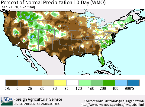 United States Percent of Normal Precipitation 10-Day (WMO) Thematic Map For 9/21/2022 - 9/30/2022