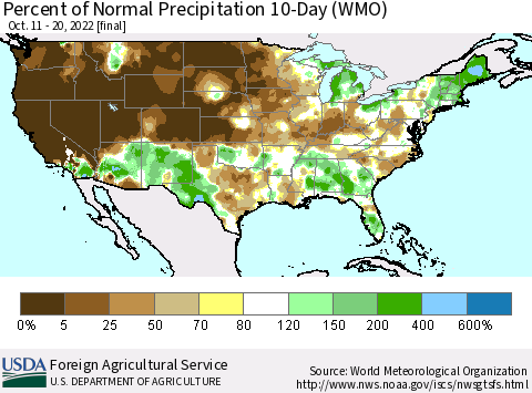 United States Percent of Normal Precipitation 10-Day (WMO) Thematic Map For 10/11/2022 - 10/20/2022