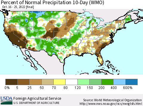 United States Percent of Normal Precipitation 10-Day (WMO) Thematic Map For 10/16/2022 - 10/25/2022
