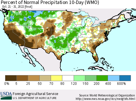 United States Percent of Normal Precipitation 10-Day (WMO) Thematic Map For 10/21/2022 - 10/31/2022