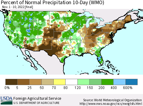 United States Percent of Normal Precipitation 10-Day (WMO) Thematic Map For 11/1/2022 - 11/10/2022