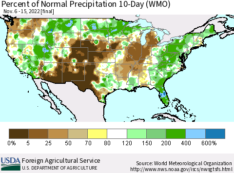 United States Percent of Normal Precipitation 10-Day (WMO) Thematic Map For 11/6/2022 - 11/15/2022