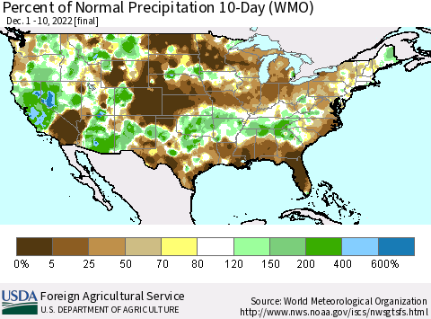 United States Percent of Normal Precipitation 10-Day (WMO) Thematic Map For 12/1/2022 - 12/10/2022