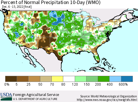 United States Percent of Normal Precipitation 10-Day (WMO) Thematic Map For 12/6/2022 - 12/15/2022