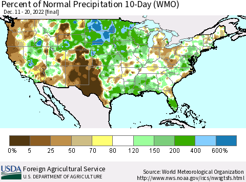 United States Percent of Normal Precipitation 10-Day (WMO) Thematic Map For 12/11/2022 - 12/20/2022