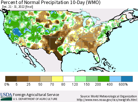 United States Percent of Normal Precipitation 10-Day (WMO) Thematic Map For 12/21/2022 - 12/31/2022