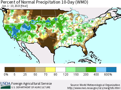 United States Percent of Normal Precipitation 10-Day (WMO) Thematic Map For 1/1/2023 - 1/10/2023