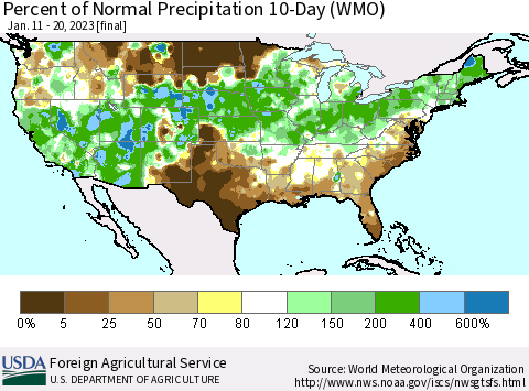 United States Percent of Normal Precipitation 10-Day (WMO) Thematic Map For 1/11/2023 - 1/20/2023