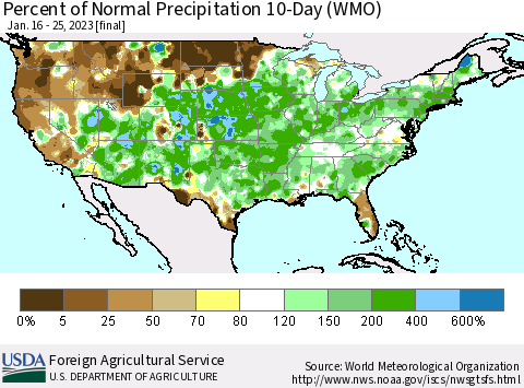 United States Percent of Normal Precipitation 10-Day (WMO) Thematic Map For 1/16/2023 - 1/25/2023