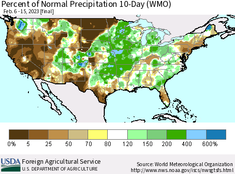 United States Percent of Normal Precipitation 10-Day (WMO) Thematic Map For 2/6/2023 - 2/15/2023