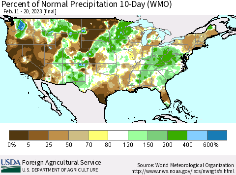 United States Percent of Normal Precipitation 10-Day (WMO) Thematic Map For 2/11/2023 - 2/20/2023