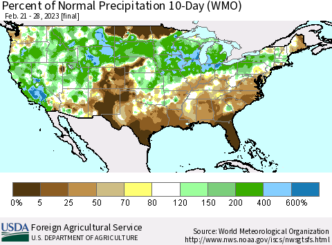 United States Percent of Normal Precipitation 10-Day (WMO) Thematic Map For 2/21/2023 - 2/28/2023