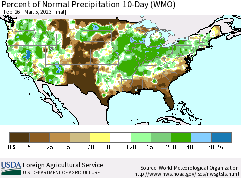 United States Percent of Normal Precipitation 10-Day (WMO) Thematic Map For 2/26/2023 - 3/5/2023