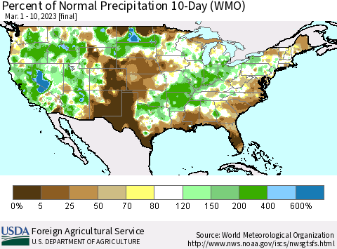 United States Percent of Normal Precipitation 10-Day (WMO) Thematic Map For 3/1/2023 - 3/10/2023