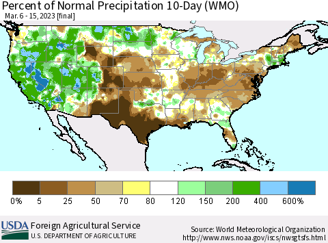 United States Percent of Normal Precipitation 10-Day (WMO) Thematic Map For 3/6/2023 - 3/15/2023
