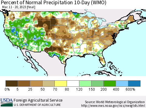 United States Percent of Normal Precipitation 10-Day (WMO) Thematic Map For 3/11/2023 - 3/20/2023
