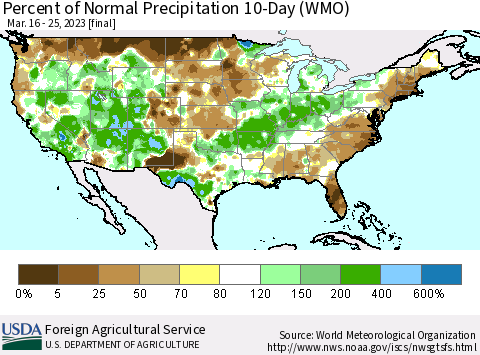 United States Percent of Normal Precipitation 10-Day (WMO) Thematic Map For 3/16/2023 - 3/25/2023