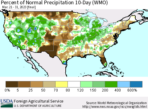 United States Percent of Normal Precipitation 10-Day (WMO) Thematic Map For 3/21/2023 - 3/31/2023