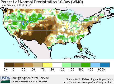 United States Percent of Normal Precipitation 10-Day (WMO) Thematic Map For 3/26/2023 - 4/5/2023