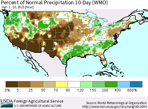 United States Percent of Normal Precipitation 10-Day (WMO) Thematic Map For 4/1/2023 - 4/10/2023