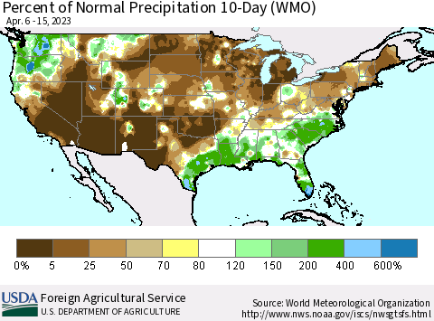 United States Percent of Normal Precipitation 10-Day (WMO) Thematic Map For 4/6/2023 - 4/15/2023