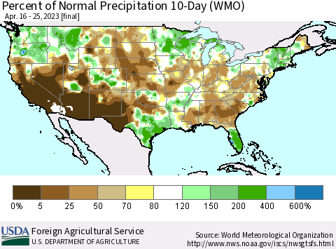 United States Percent of Normal Precipitation 10-Day (WMO) Thematic Map For 4/16/2023 - 4/25/2023