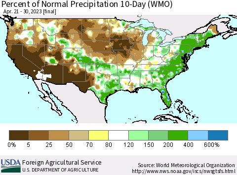 United States Percent of Normal Precipitation 10-Day (WMO) Thematic Map For 4/21/2023 - 4/30/2023