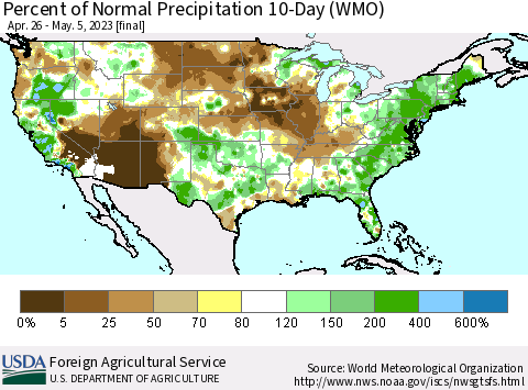 United States Percent of Normal Precipitation 10-Day (WMO) Thematic Map For 4/26/2023 - 5/5/2023