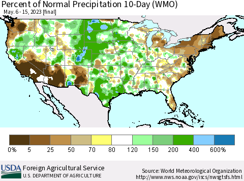 United States Percent of Normal Precipitation 10-Day (WMO) Thematic Map For 5/6/2023 - 5/15/2023
