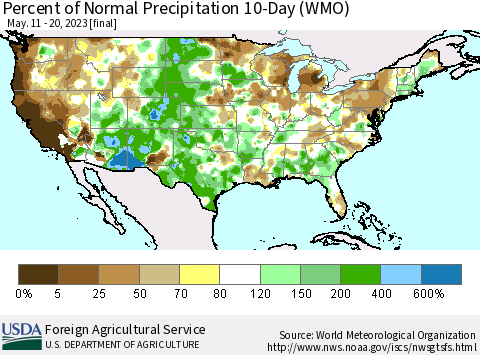 United States Percent of Normal Precipitation 10-Day (WMO) Thematic Map For 5/11/2023 - 5/20/2023