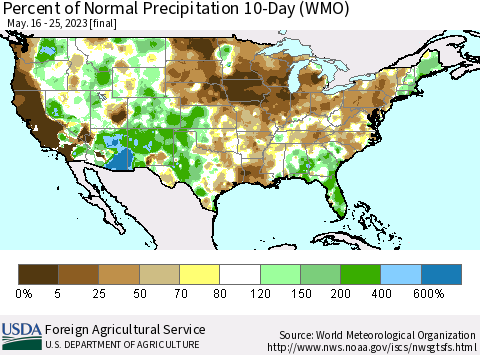 United States Percent of Normal Precipitation 10-Day (WMO) Thematic Map For 5/16/2023 - 5/25/2023