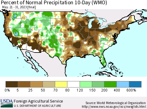 United States Percent of Normal Precipitation 10-Day (WMO) Thematic Map For 5/21/2023 - 5/31/2023
