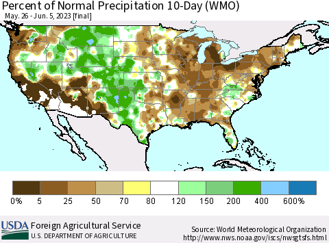 United States Percent of Normal Precipitation 10-Day (WMO) Thematic Map For 5/26/2023 - 6/5/2023