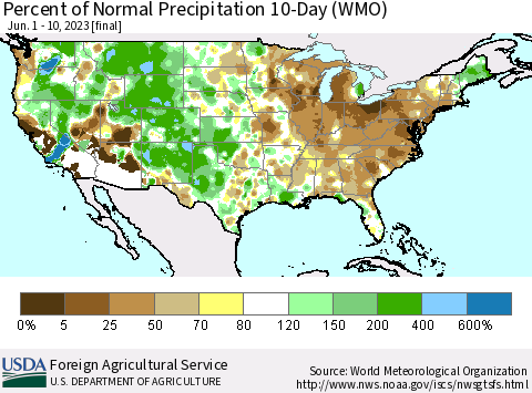 United States Percent of Normal Precipitation 10-Day (WMO) Thematic Map For 6/1/2023 - 6/10/2023