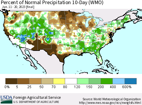 United States Percent of Normal Precipitation 10-Day (WMO) Thematic Map For 6/11/2023 - 6/20/2023